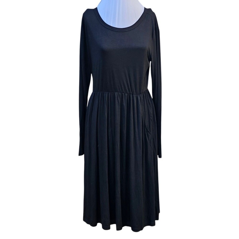 NWT Auselily  Midi Length Aline Dress Long Sleeve Black with Pockets Size Med